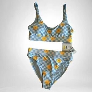 CYN & LUCA SWIM TOP & BOTTOM SET blue white checks w/ orange flowers SIZE MEDIUM